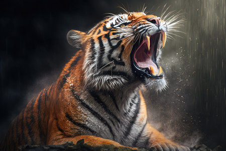 Close up portrait of roaring Bengal tiger. Generative AI illustration.の素材