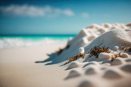 Close up white beach sand with blurred sea waves and sky background. Generative AI illustration.の素材