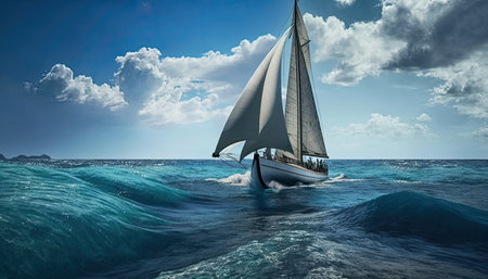 Sailboat in the ocean under sunlight, with clouds on background. Luxury summer adventure, outdoor activities at sea. Generative AI illustration.の素材