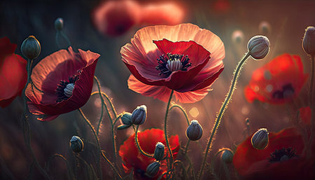 Close up deep red color poppies on the meadow field in sunset or sunrise sunlight. Generative AI illustration.の素材