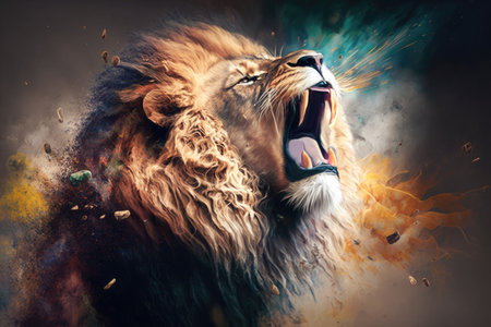 Art illustration of roaring lion head on artistic background. Generative AI.の素材