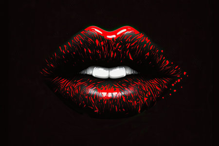 The woman's lush and pouting red lips like a kiss on a black background. Generative AI illustration.の素材