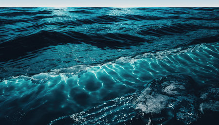 A dark blue seawater surface with small waves. Ocean water background or backdrop. Generative AI illustration.の素材