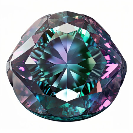 Front view of shining bright alexandrite gemstone illustration on a white background. Generative AI illustration.の素材