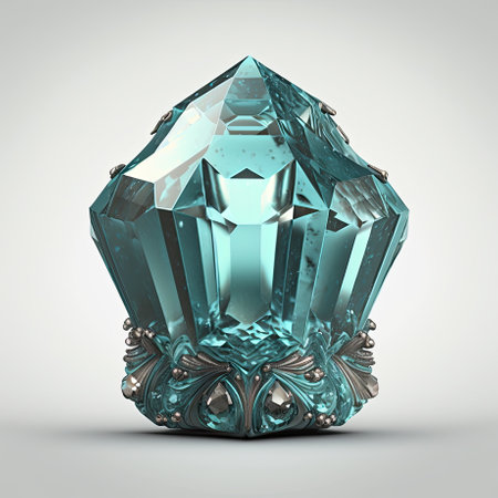 Front view of shining bright aquamarine gemstone illustration on a white background. Generative AI illustration.の素材