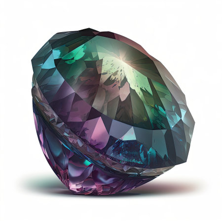 Front view of shining bright alexandrite gemstone illustration on a white background. Generative AI illustration.の素材