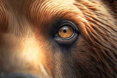 Close-up of piercing eye of a North American brown bear or simply grizzly. Generative AI illustration.の素材