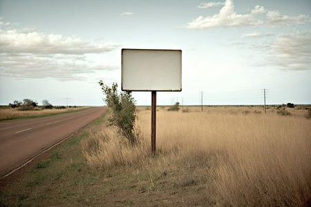 Empty bigboard on tall metal legs, located next to a rural road. Generative AI illustration.の素材