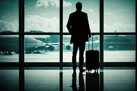 Backside of a person holding a suitcase, waiting for a flight at the departure area of an airport. Generative AI illustration.の素材