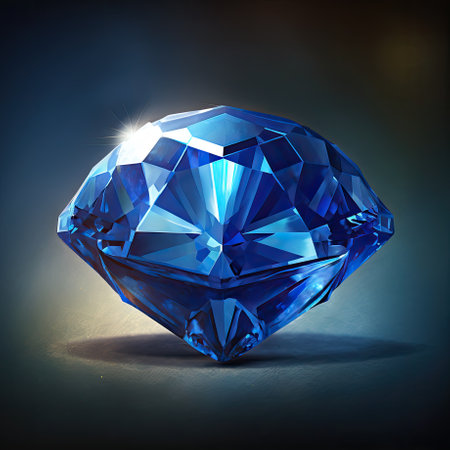 Front view close-up of shining bright blue sapphire gemstone illustration on a dark gray background. AI generative.の素材