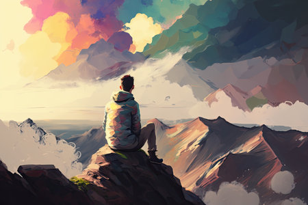 A guy sitting on a mountain and admires a beautiful landscape. Back view of unrecognizable young male traveler. Generative AI illustration.の素材