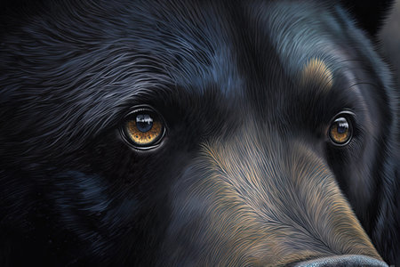 Close-up of piercing eyes of a black bear. Generative AI illustration.の素材