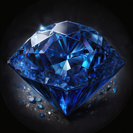 Front view close-up of shining bright blue sapphire gemstone illustration on a dark gray background. AI generative.の素材