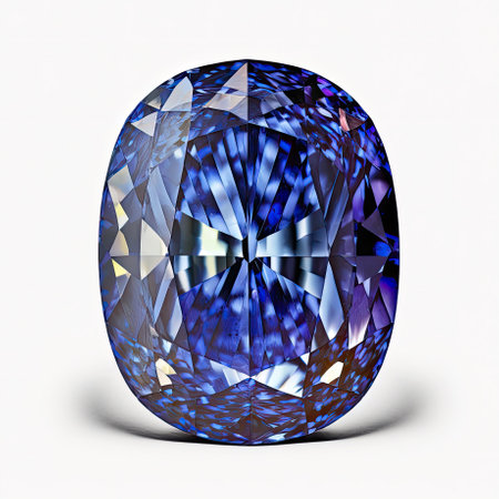 Fronf view of shining brighting tanzanite blue violet zoisite gemstone illustration on a white background. AI generative.の素材