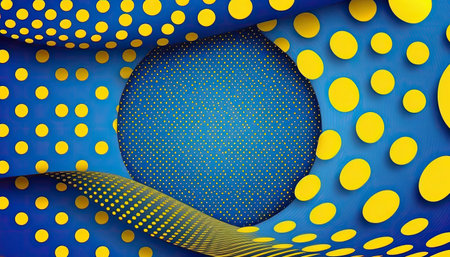 Blue memphis background with yellow and dark blue circles. Generative AI.の素材