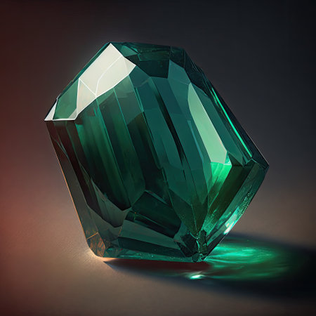 Front view of shining bright emerald gemstone illustration on a dark black background. AI generative.の素材