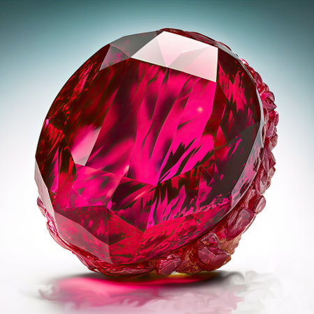Front view of shining bright rubellite tourmaline gemstone illustration on a light gray background. Generative AI illustration.の素材