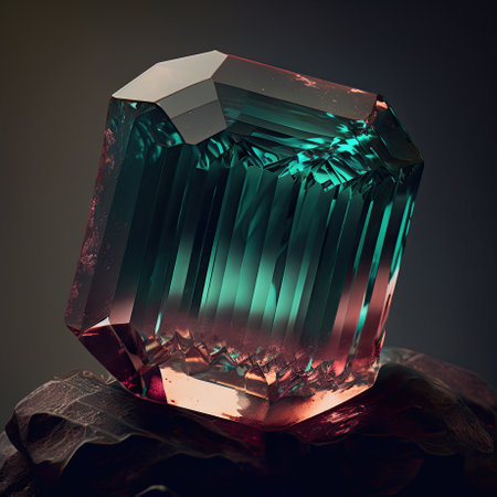 Front view of shining bright tourmaline gemstone illustration on a dark background. Generative AI illustration.の素材