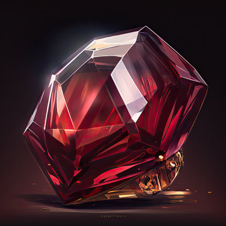 Front view of shining bright garnet gemstone illustration on a dark background. AI generative.の素材