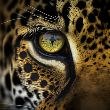 Close-up of piercing eye of an exotic big cat, like a jaguar or panthera onca. Generative AI illustration.の素材