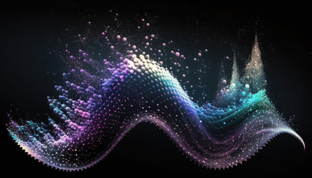 Abstract digital spectral colors wave with flowing small particles dance motion on wave on dark black backdrop. Cyber or technology background. Generative AI.の素材