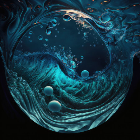 A texture of deep blue sea water, with swirling waves and bubbles. Generative AI.の素材