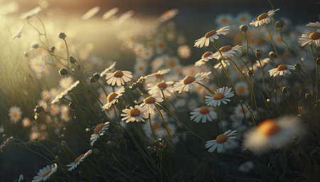 Blooming wild flowers matricaria chamomilla or matricaria recutita. Wild chamomile in sunlit summer meadow. Generative AI.の素材