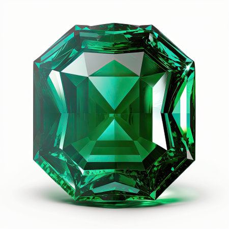 Front view of shining bright emerald gemstone illustration on a white background. AI generative.の素材