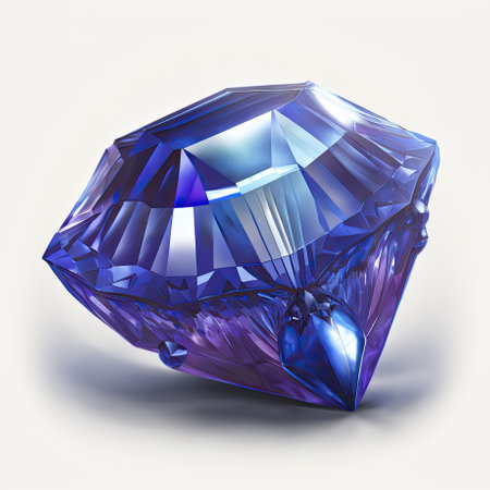 Fronf view of shining brighting tanzanite blue violet zoisite gemstone illustration on a white background. AI generative.の素材