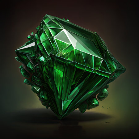 Front view of shining bright emerald gemstone illustration on a dark black background. AI generative.の素材