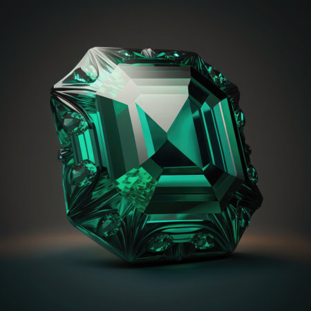 Front view of shining bright emerald gemstone illustration on a dark black background. AI generative.の素材