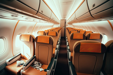 Interior of an airplane cabin with comfortable seats, overhead compartments. Generative AI illustration.の素材
