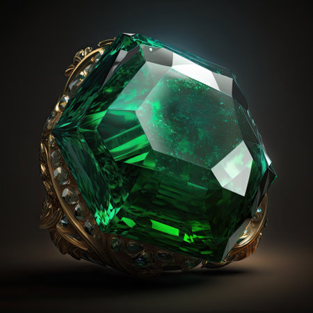 Front view of shining bright emerald gemstone illustration on a dark black background. AI generative.の素材