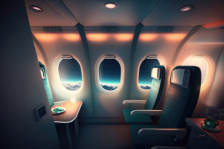 Interior of a medium class airplane cabin with seats, overhead compartments, and a view outside the window. Generative AI illustration.の素材