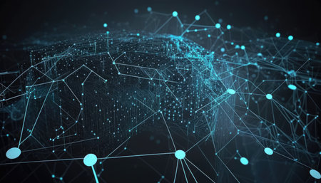 Abstract background with connecting dots and lines, dark shade of black or blue, futuristic data center or network hub. The overall effect is one of technology and innovation. Generative AI.の素材
