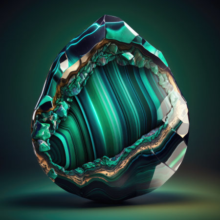 Front view of malachite gemstone handicraft, souvenir. illustration on a dark background. Generative AI illustration.の素材
