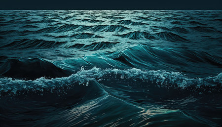 A dark blue seawater surface with small waves. Ocean water background or backdrop. Generative AI illustration.の素材