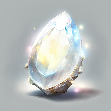 Front view of shining bright moonstone gemstone illustration on a gray background. Generative AI illustration.の素材