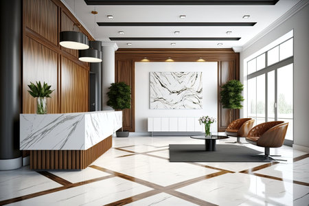 A luxury and contemporary lobby area with a reception counter in a white and wood style interior design. Generative AI illustration.の素材