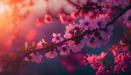 Close up illustration of a sakura cherry tree blossom flowers blooming at sunrise in springtime with beautiful light pink color flowers in soft focus. Blurred background. Generative AI illustration.の素材
