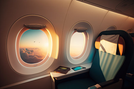 Interior of a medium class airplane cabin with seats, overhead compartments, and a view outside the window. Generative AI illustration.の素材