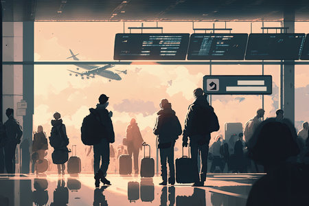 A view of a departure terminal at an airport with travelers and their suitcases, seen from behind. Generative AI illustration.の素材