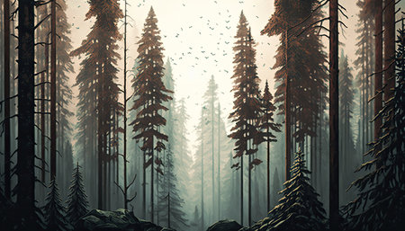 A dense pine forest with tall trees reaching towards the sky, green needles creating textured canopy. The floor is covered brown pine needles, a misty haze in the distance. Generative AI illustration.の素材