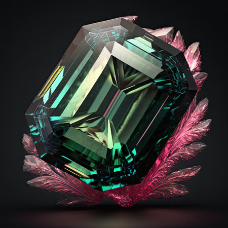 Front view of shining bright tourmaline gemstone illustration on a dark background.の素材