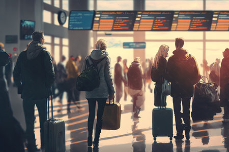 A view of a departure terminal at an airport with travelers and their suitcases, seen from behind. Generative AI illustration.の素材