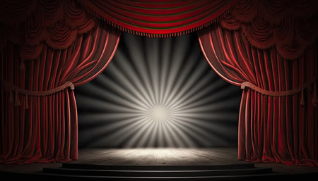 A theater stage with a red curtain and a spotlight in the center. Generative AI illustration.の素材