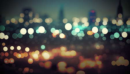 Abstract background with defocused lights in a cityscape at night. Generative AI illustration.の素材