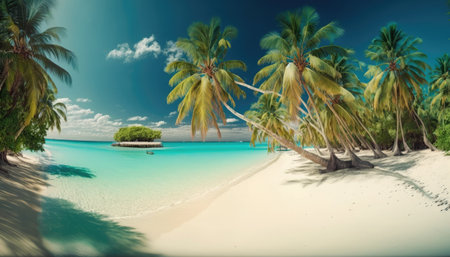 A serene tropical island beach with rows of swaying palm trees, crystal-clear turquoise waters of the Caribbean sea, and soft white sand. Generative AI illustration.の素材