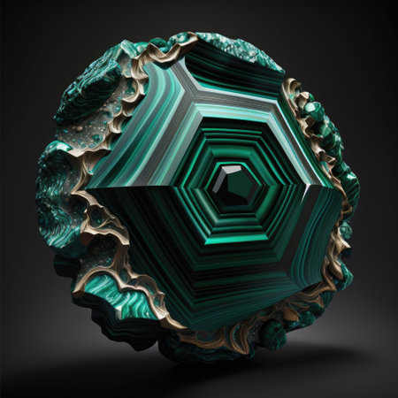 Front view of malachite gemstone handicraft, souvenir. illustration on a dark background. Generative AI illustration.の素材