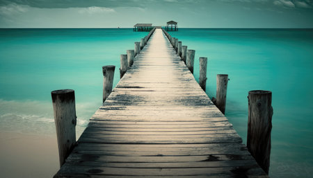 A view of a wooden pier extending towards the turquoise sea. Generative AI illustration.の素材
